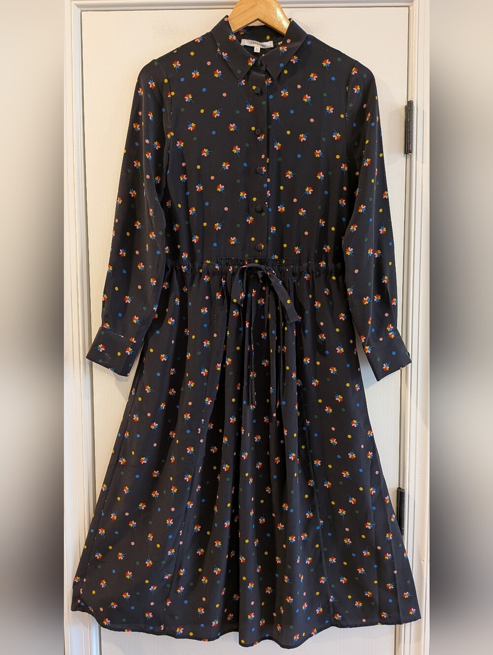 Chinti & Parker Lucky Clover Silk Midi Shirt Dress Black Floral Polka Dot Size 2